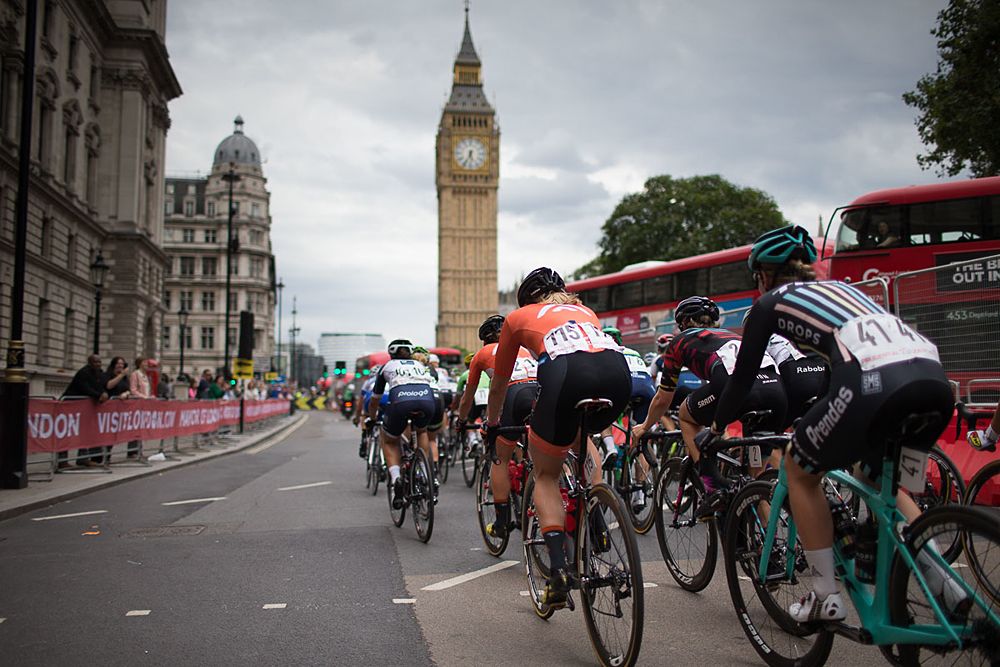 With the Big Ben in the background, the peloton is about to turn onto Whitehall during the Prudential RideLondon Classique