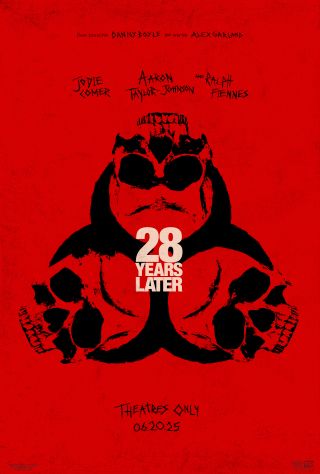 A red poster with a biohazard symbol full of skulls for 28 Years Later.