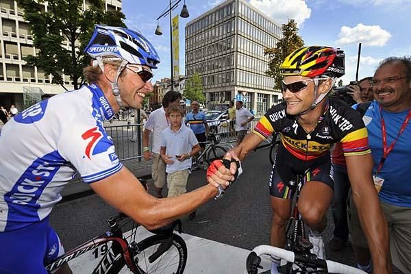 Jurgen Van de Walle congratulates Tom Boonen after Boonen's win.