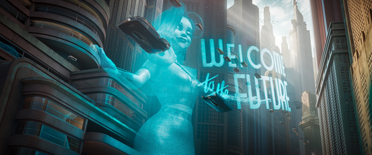 Giant ologram of Venus Nova in the city of Metropia in the animated movie Ray Gunn