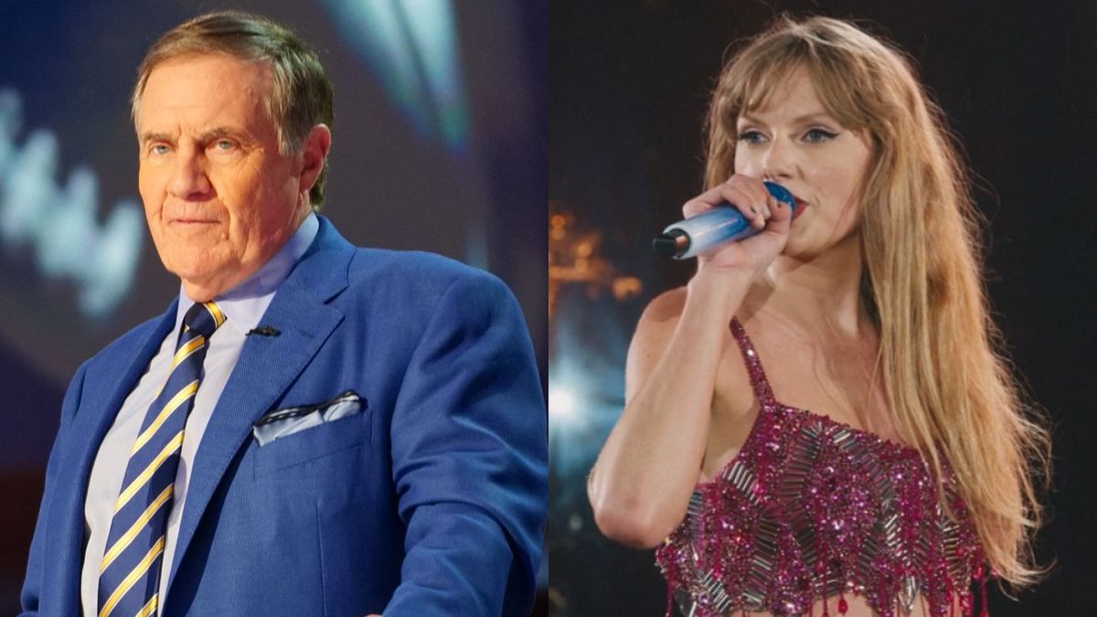 Bill Belichick is shown at the Roast of Tom Brady and Taylor Swift sings during the Eras Tour Movie.