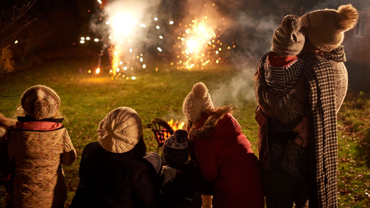 family watching fireworks display in garden