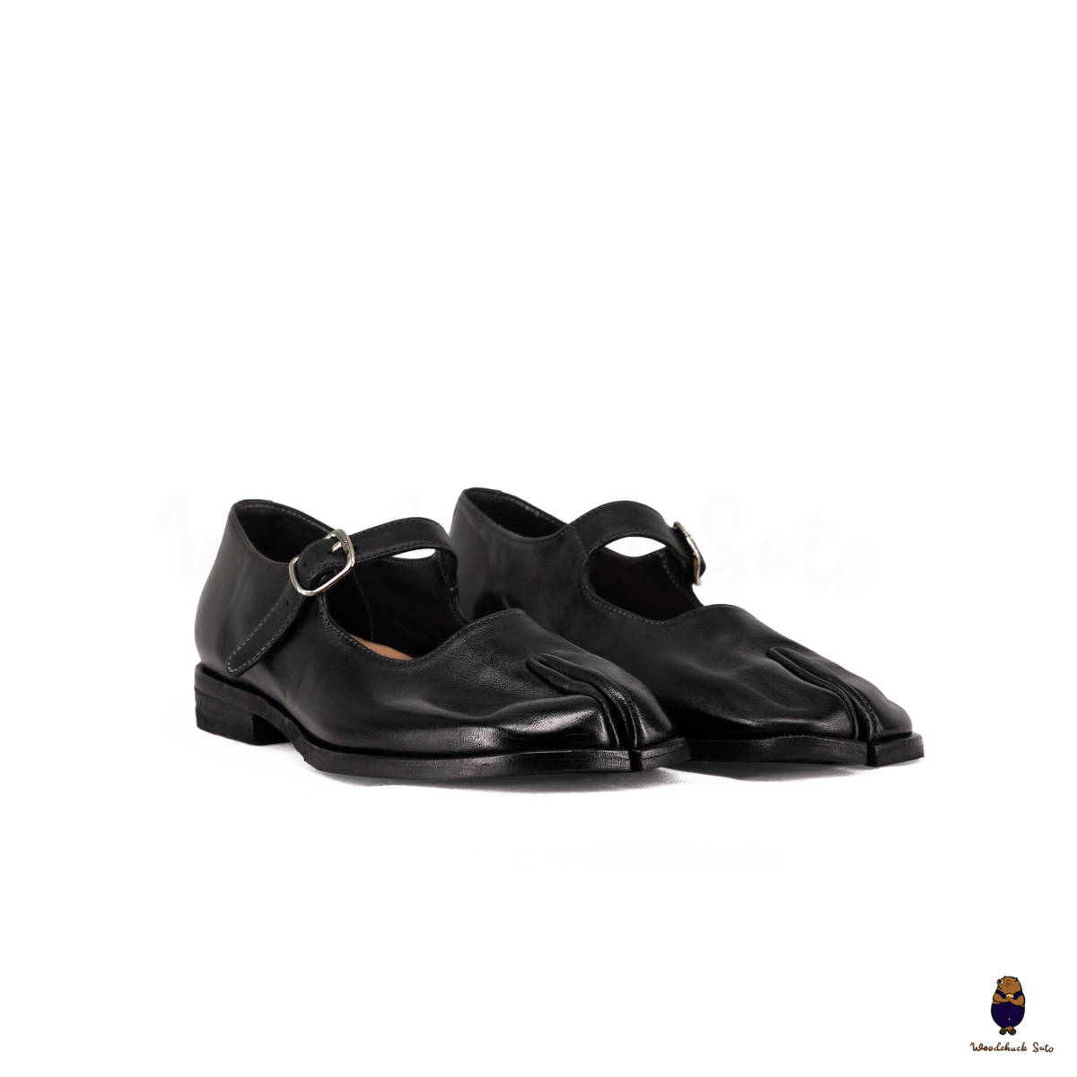 Woodchucksato Black Horse Leather Tabi Split Toe Mary Jane Shoes