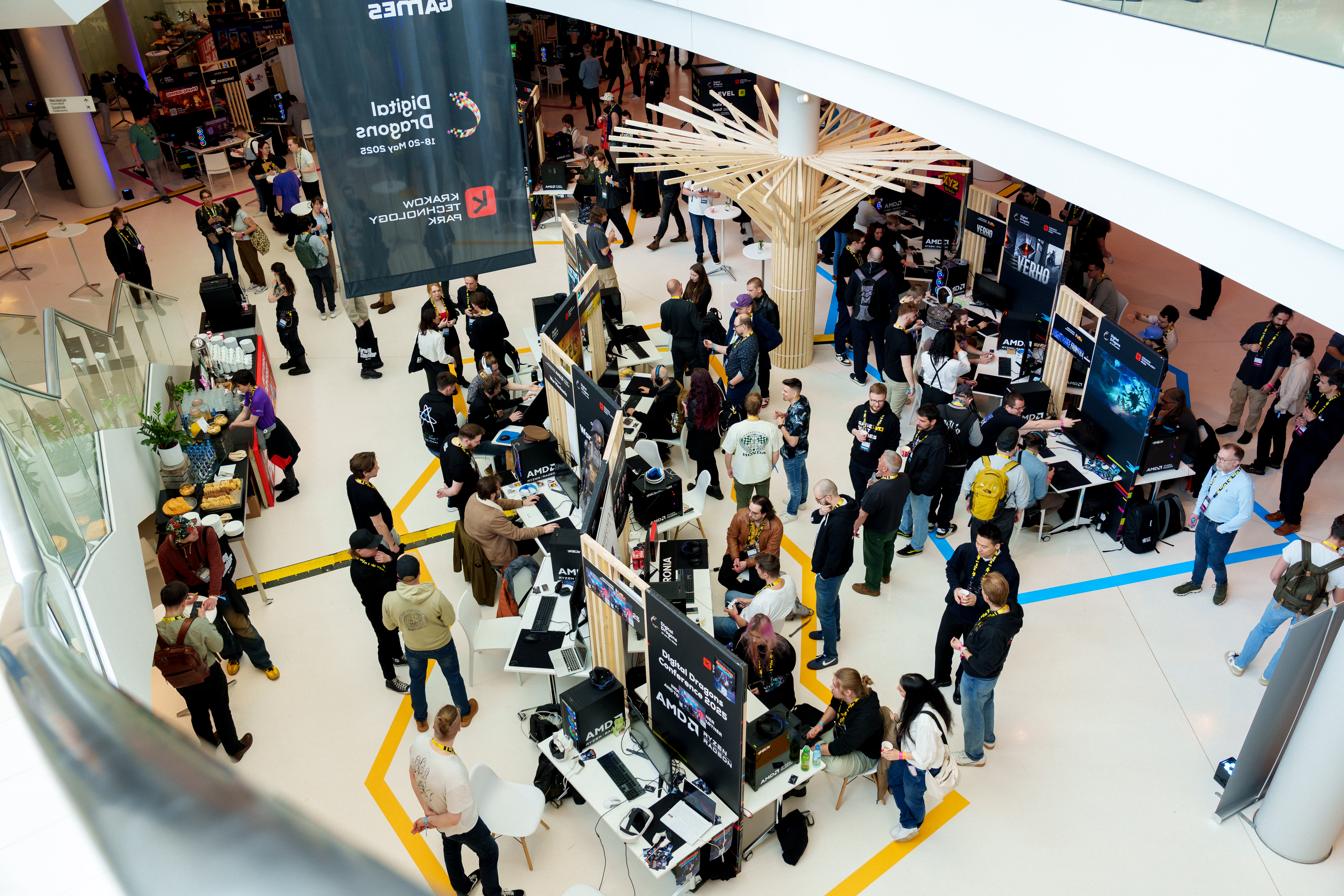 Digital Dragons 2025 photograph of the Indie Zone on the ground floor of the Krakow International Conference Center, host of the gaming convention