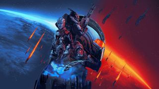 Mass Effect Legendary Edition Keyart showing the main cast superimposed into a helmet. Meteors rain down upon a red and blue planet in the background