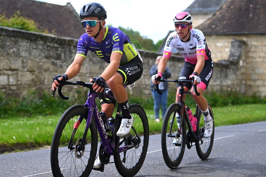 LAON FRANCE MAY 17 LR Logan Currie of New Zealand and Team Bolton Equities Black Spoke and Samuel Leroux of France and Team Go SportRoubaix compete in the breakaway during the the 67th 4 Jours de Dunkerque Grand Prix des Hauts de France 2023 Stage 2 a 1699km at stage from Compigne to Laon on May 17 2023 in Laon France Photo by Luc ClaessenGetty Images