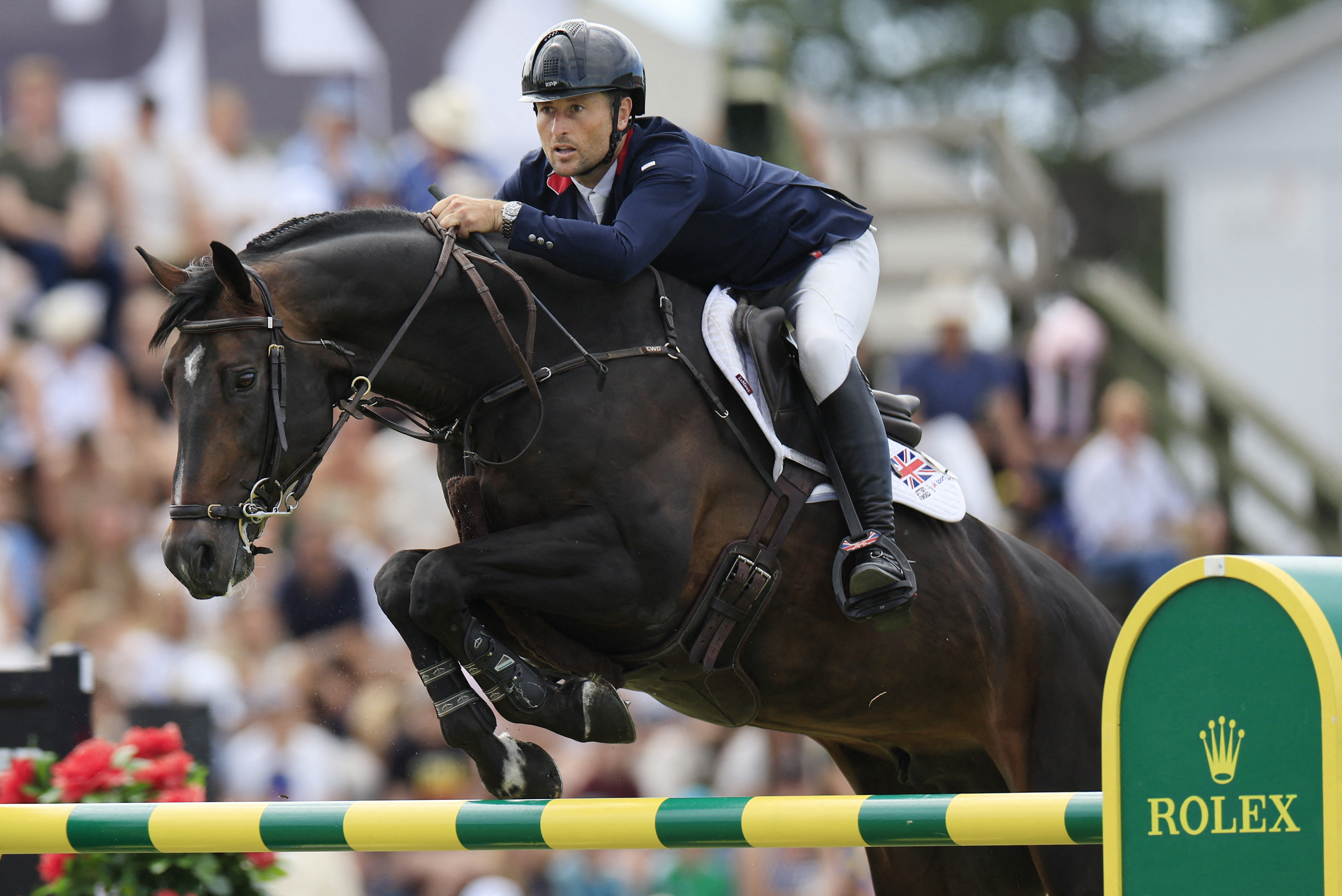 Close up of Adrian Whiteway jumping Chacco Volo at Falsterbo Horse Show in Sweden