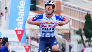 Belgian Remco Evenepoel celebrates as he crosses the finish line to win stage 4 of the 2026 Volta Comunitat Valenciana cycling race.