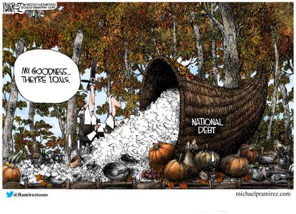 Political cartoon U.S. national debt cornucopia IOU pilgrims