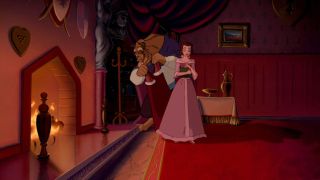 Belle about to read the Beast a book in Beauty and the Beast