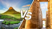 graphic showing a split screen with left a tall mountain and luscious green grass and on the right are tall stone columns. There is a "vs" sign in the middle indicating a comparison between the two. 