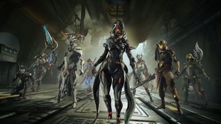 A group of warframes pose dramatically underground