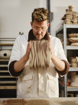 Henry Holland working up his Nerikomi-inspired ceramics in his Hackney studio