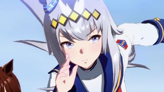 Oguri Cap from Umamusume: Pretty Derby in the midst of a race. The shot is zoomed in on her face as she concentrates on running. 