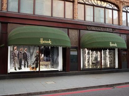 The Brompton Road facade of Harrods, where Chanel has transformed the store’s shop windows
