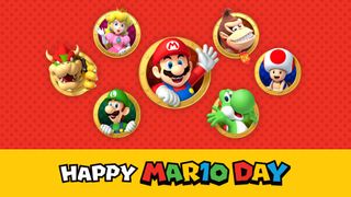 Happy Mario Day 2025 characters against a red background