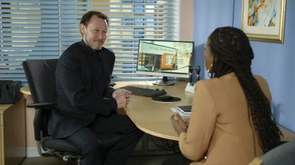a still from BBC show Doctors showing characters Jimmi Clay (ADRIAN LEWIS MORGAN) and Catherine Quick (MARILYN NNADEBE)