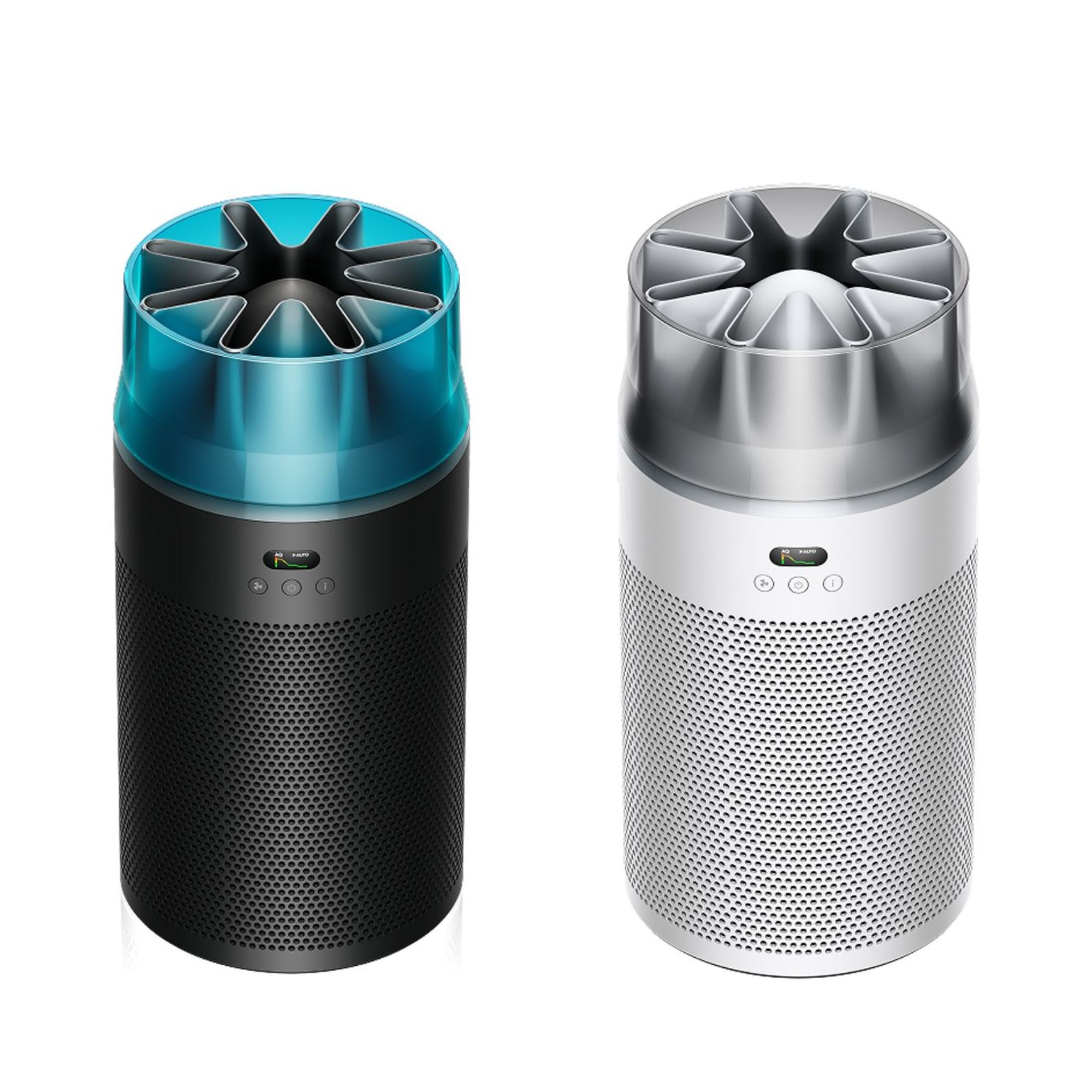 Two Dyson Hushjet Air Purifiers next to each other, one black and teal and the other silver and white
