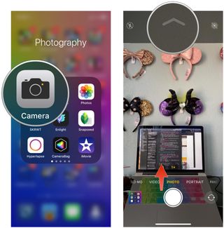 Access additional camera controls on iPhone 11 Pro by showing steps: Launch Camera, tap arrow at top or swipe up above shutter button