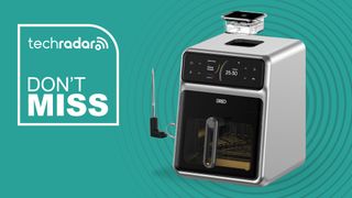 Dreo ChefMaker air fryer in teal background with white text reading "TechRadar don't miss"