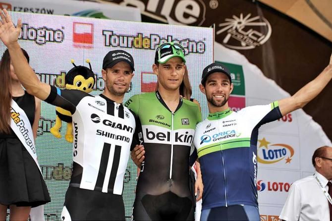 Luka Mezgec, Theo Bos and Michael Matthews on the stage 3 podium