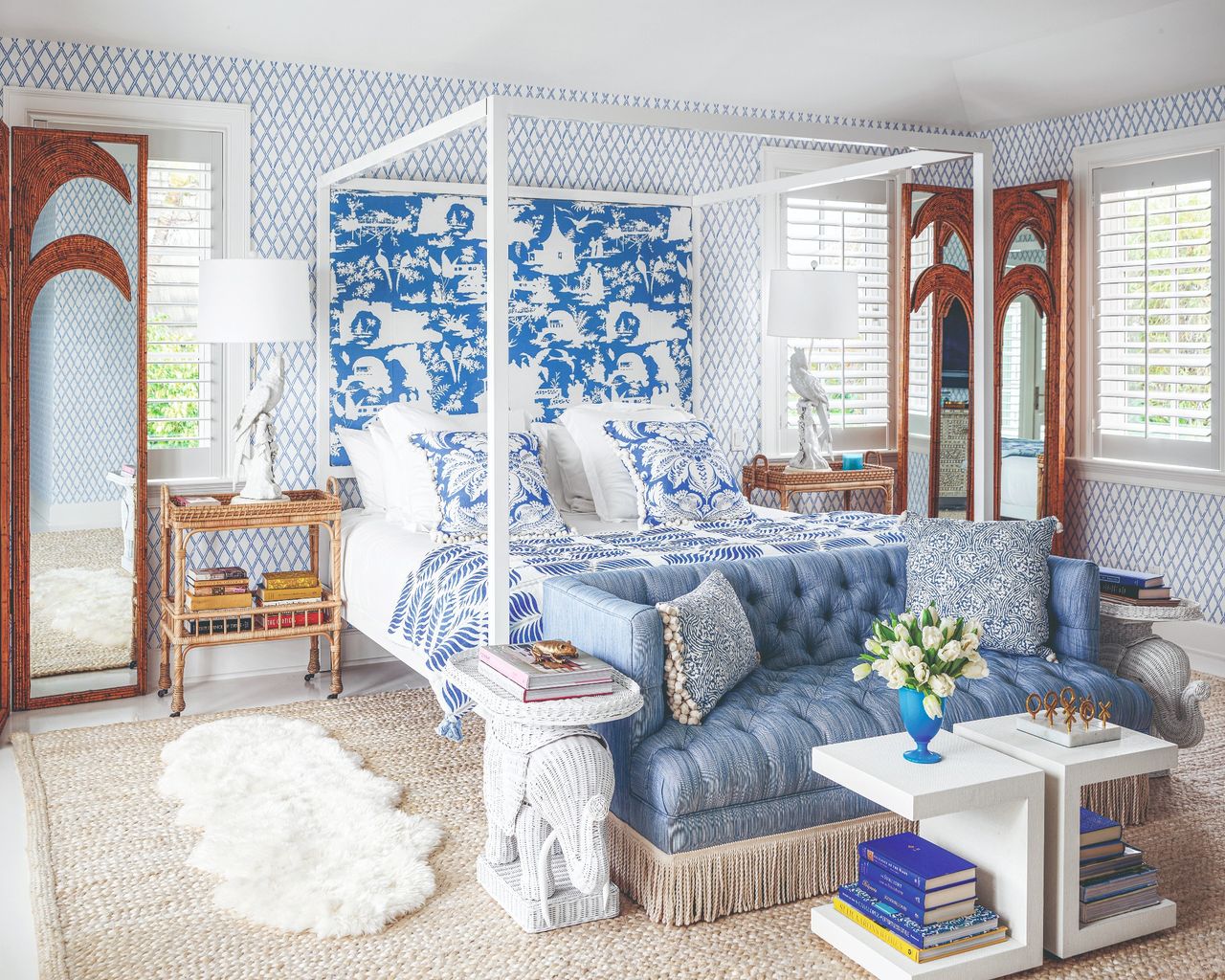 blue and white bedroom in Palm Beach, Florida