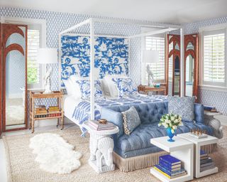 blue and white bedroom in Palm Beach, Florida