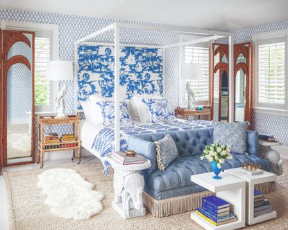 blue and white bedroom in Palm Beach, Florida