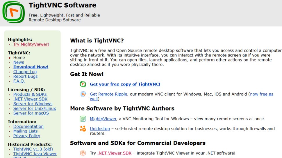 Website screenshot of TightVNC (August, 2025)