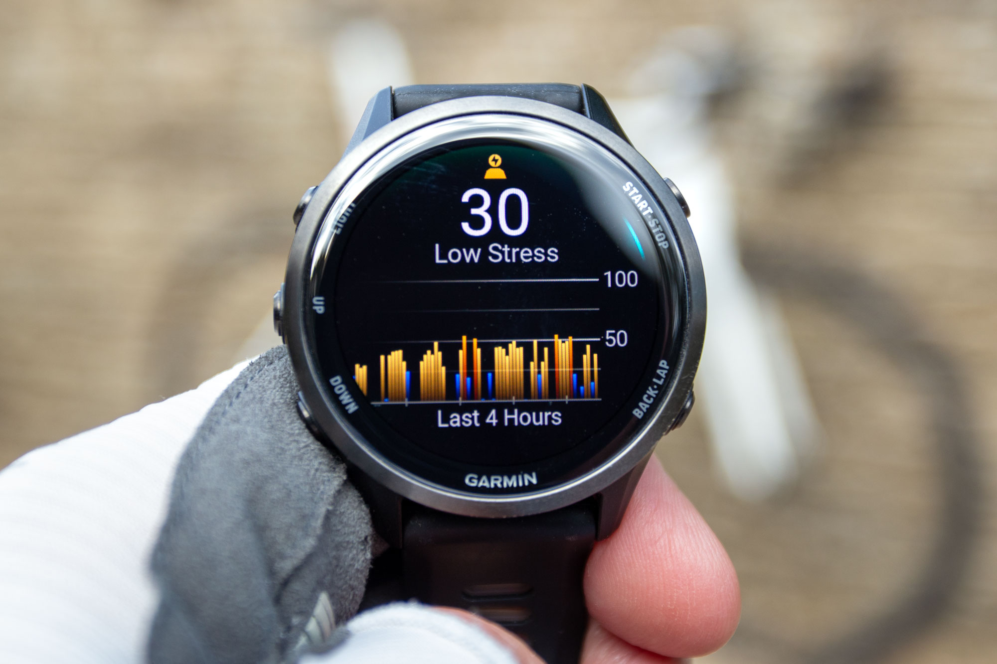 Garmin Forerunner 970 stress score screen.