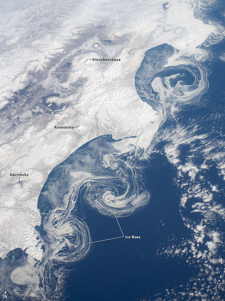 An astronaut aboard the International Space Station snapped this image of swirling ice floes off Russia&#039;s Kamchatka Peninsula.