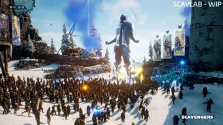 A large crowd of characters gather around one giant humanoid in a rocky and snowy landscape.