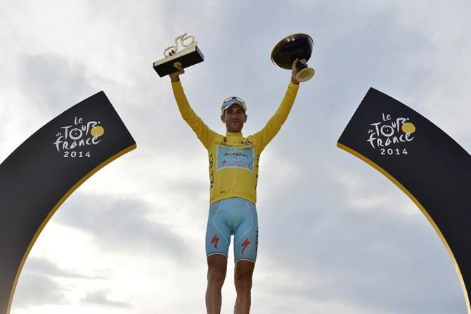 Astana's Vincenzo Nibali stands on the final podium as the winner of the 2014 Tour de France