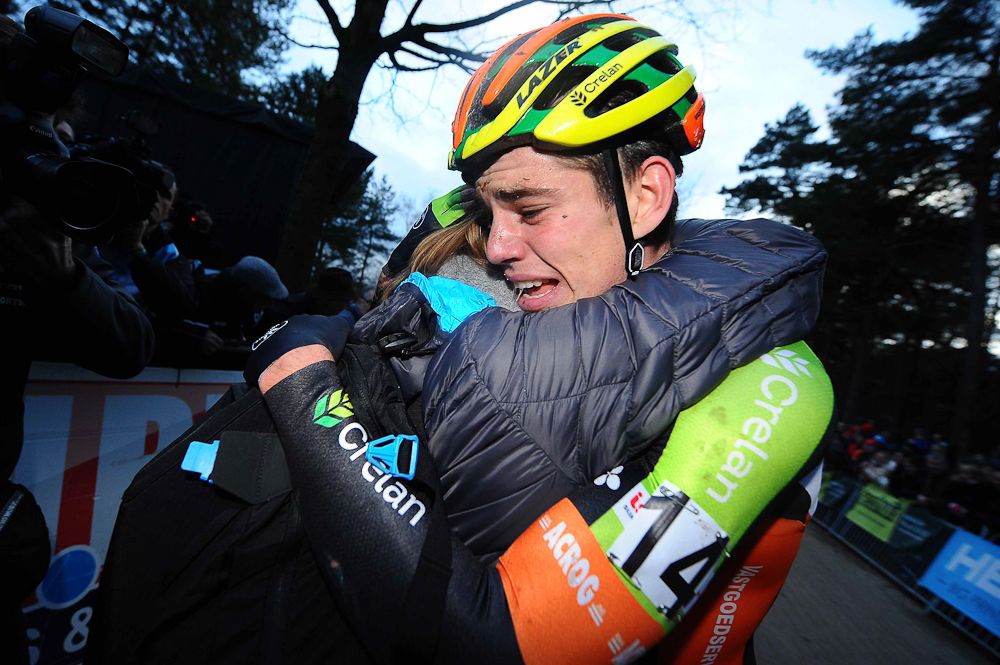 Wout Van Aert celebrates winning the 2016 Belgian championships