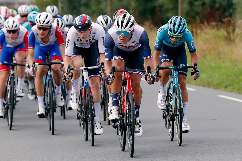 DOKKUM NETHERLANDS AUGUST 30 Jasper Stuyven of Belgium and Team Trek Segafredo leads the peloton during the 17th Benelux Tour 2021 Stage 1 a 1696km stage from Surhuisterveen to Dokkum BeneluxTour on August 30 2021 in Dokkum Netherlands Photo by Bas CzerwinskiGetty Images