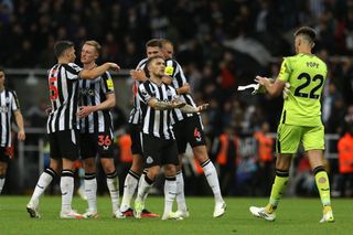 Newcastle players celebrate the victory during the Premier League match between Newcastle United and Brentford at St. James's Park, Newcastle on Saturday 16th September 2023. (Photo by Robert Smith/MI News/NurPhoto via Getty Images)