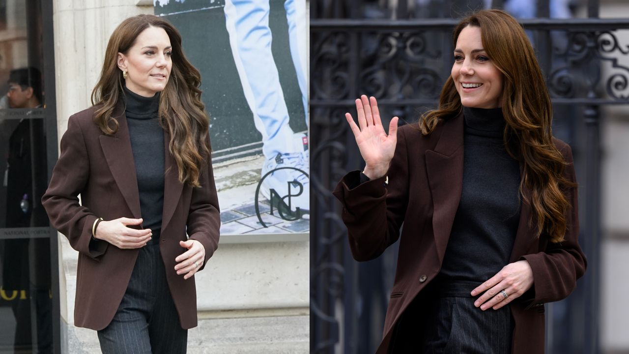 Kate Middleton wearing black turtleneck and brown blazer with striped black pants waving next to a photo of her walking outisde a museum in the same outfit