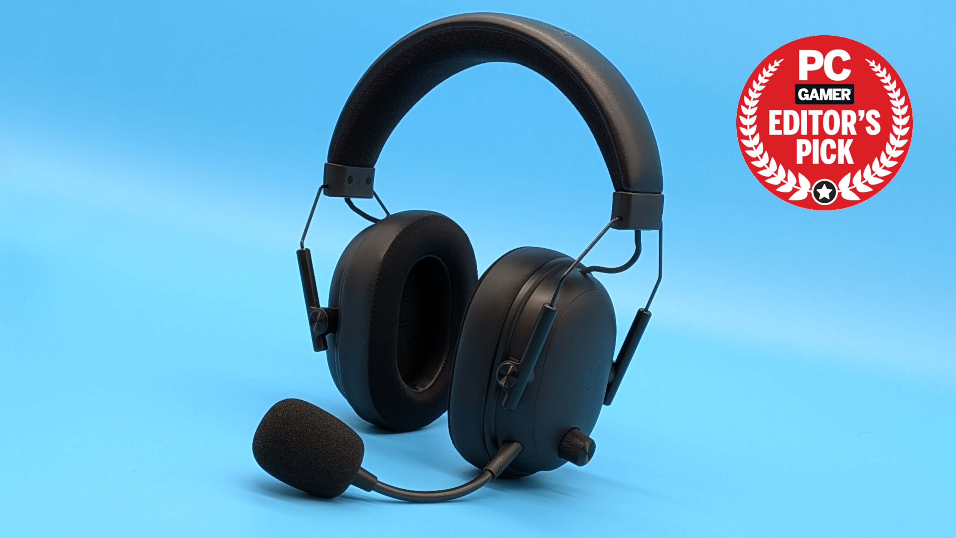 Razer BlackShark V3 gaming headset on a blue blackground