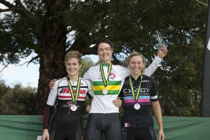 The elite women's Australian Cyclo-cross podium: Terri Rhodes, Lisa Jacobs and April McDonald