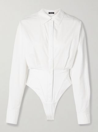 Jersey-Trimmed Cotton-Poplin Thong Bodysuit
