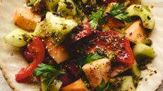 Tomato, melon and cucumber salad with sesame dressing