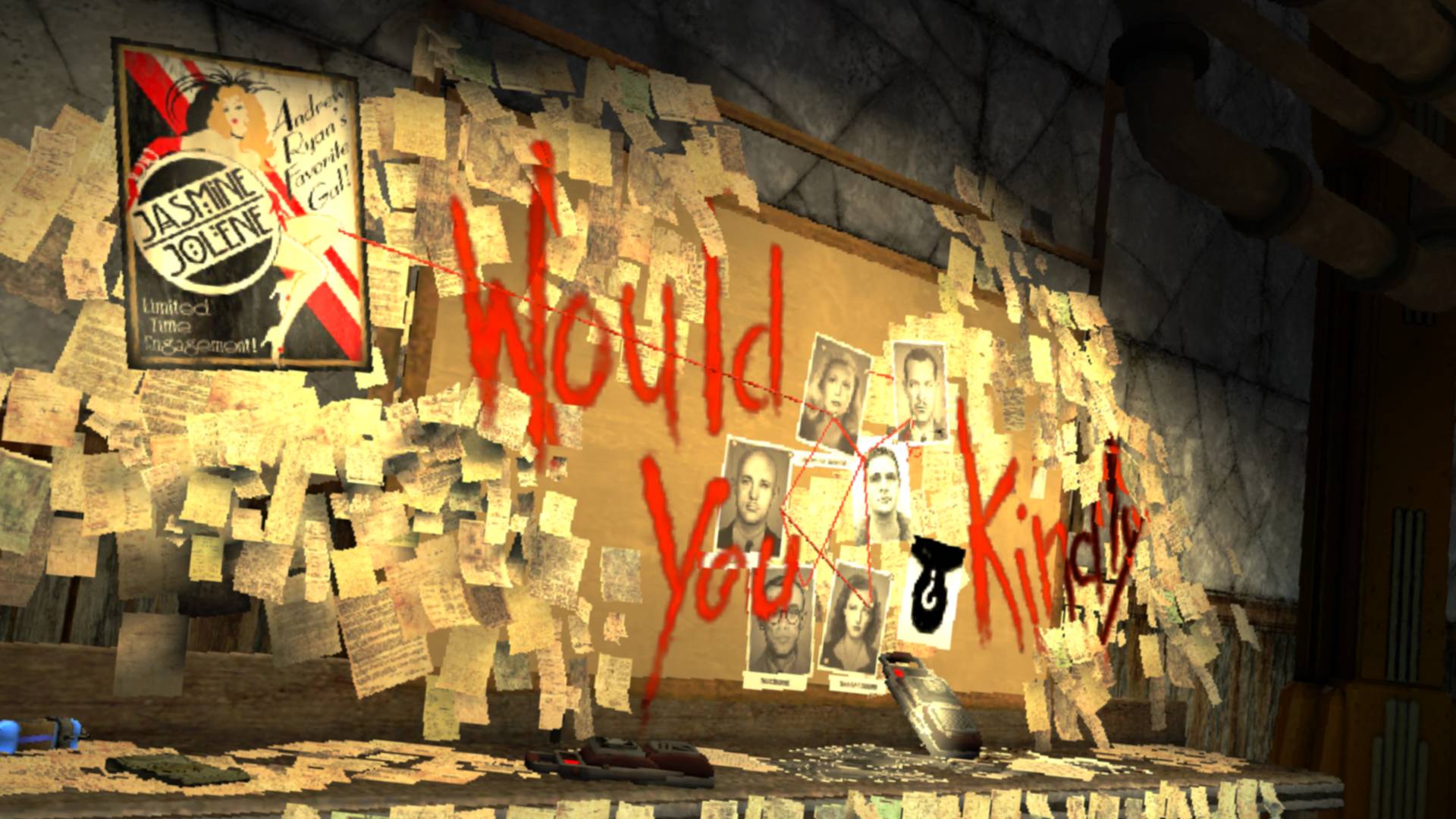 A screenshot of the iOS version of BioShock. It is a board covered in posters, smaller notes, and photographs. The wall is daubed in red paint that read 'Would you kindly'