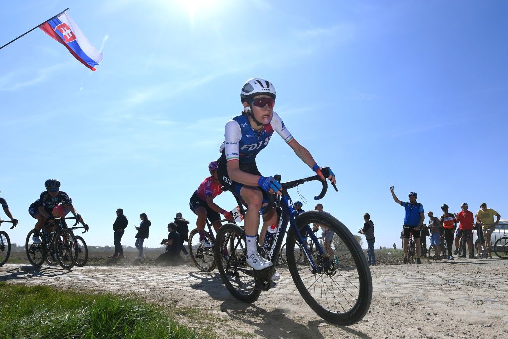 ROUBAIX FRANCE APRIL 16 Marta Cavalli of Italy and Team FDJ Nouvelle Aquitaine Futuroscope competes during the 2nd ParisRoubaix 2022 Womens Elite a 1247km one day race from Denain to Roubaix ParisRoubaixFemmes ParisRoubaix on April 16 2022 in Roubaix France Photo by Tim de WaeleGetty Images