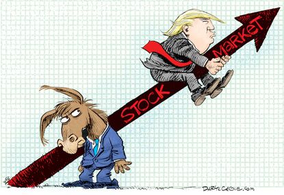 Political Cartoon U.S. President Trump drives stock market up Democrats