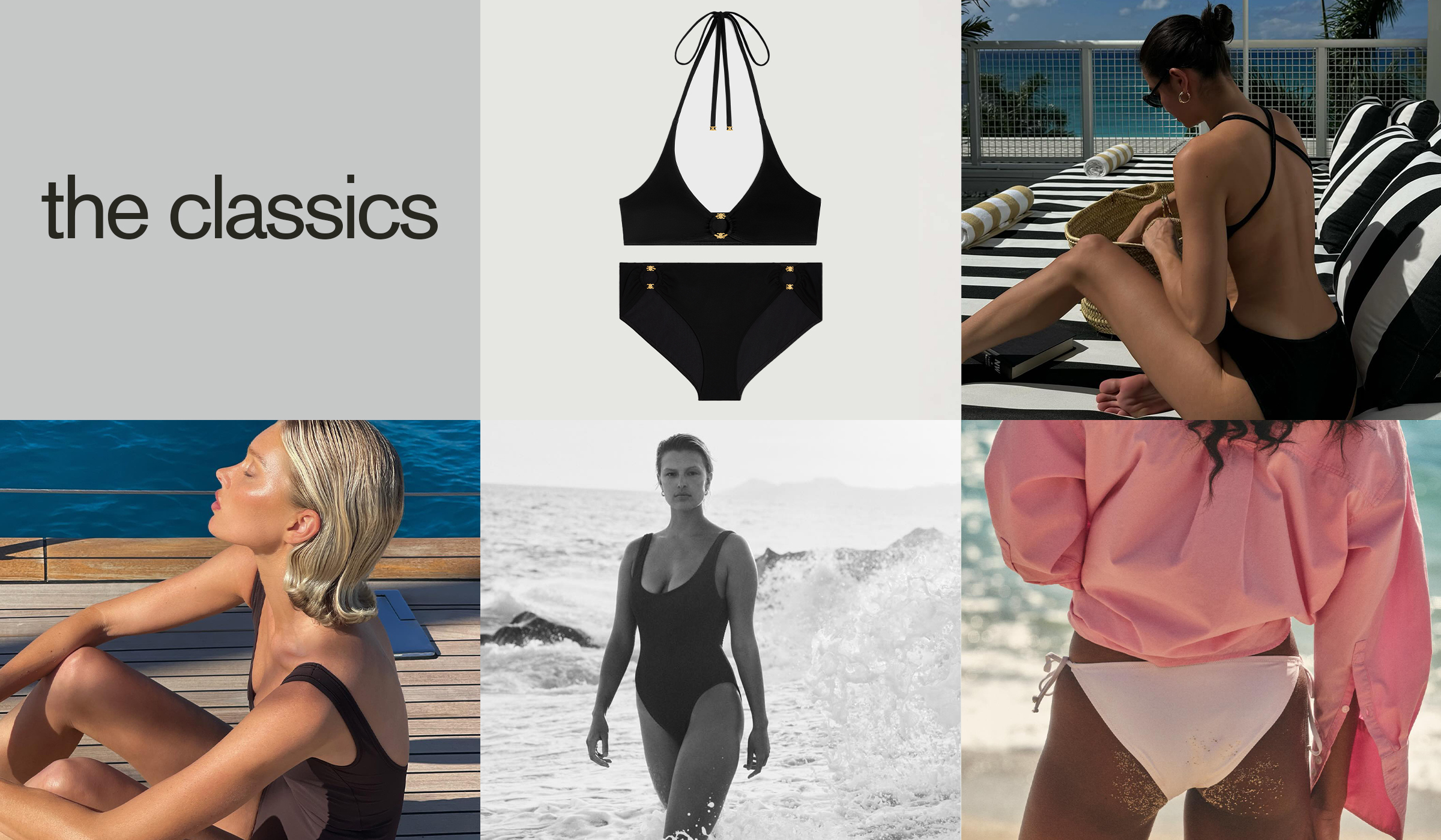 Collage of images of classic, neutral swimsuits.