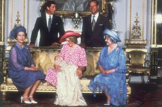 Diana, Princess of Wales holding her son Prince William with Charles, Prince of Wales (left), Prince Philip the Duke of Edinburgh, Queen Elizabeth II (left) and Queen Elizabeth the Queen Mother at Buckingham Palace after Prince William's christening ceremony.