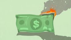Concept image showing a US dollar bill burning at the edges with smoke pluming outwards.