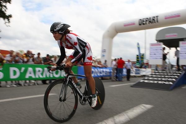 The first rider off in the 2010 Route de France - Joelle Numainville (Canada).