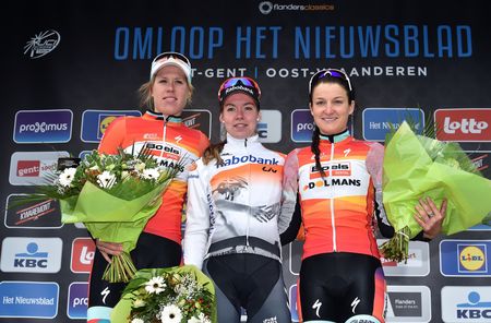 The podium of Ellen Van Dijk (Boels Dolmans), Anna van der Breggen (Rabo Liv) Lizzie Armitstead (Boels Dolmans)