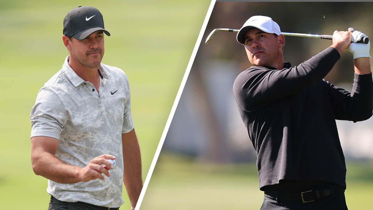 Brooks Koepka after sinking a putt (left) and after hitting an iron shot (right)